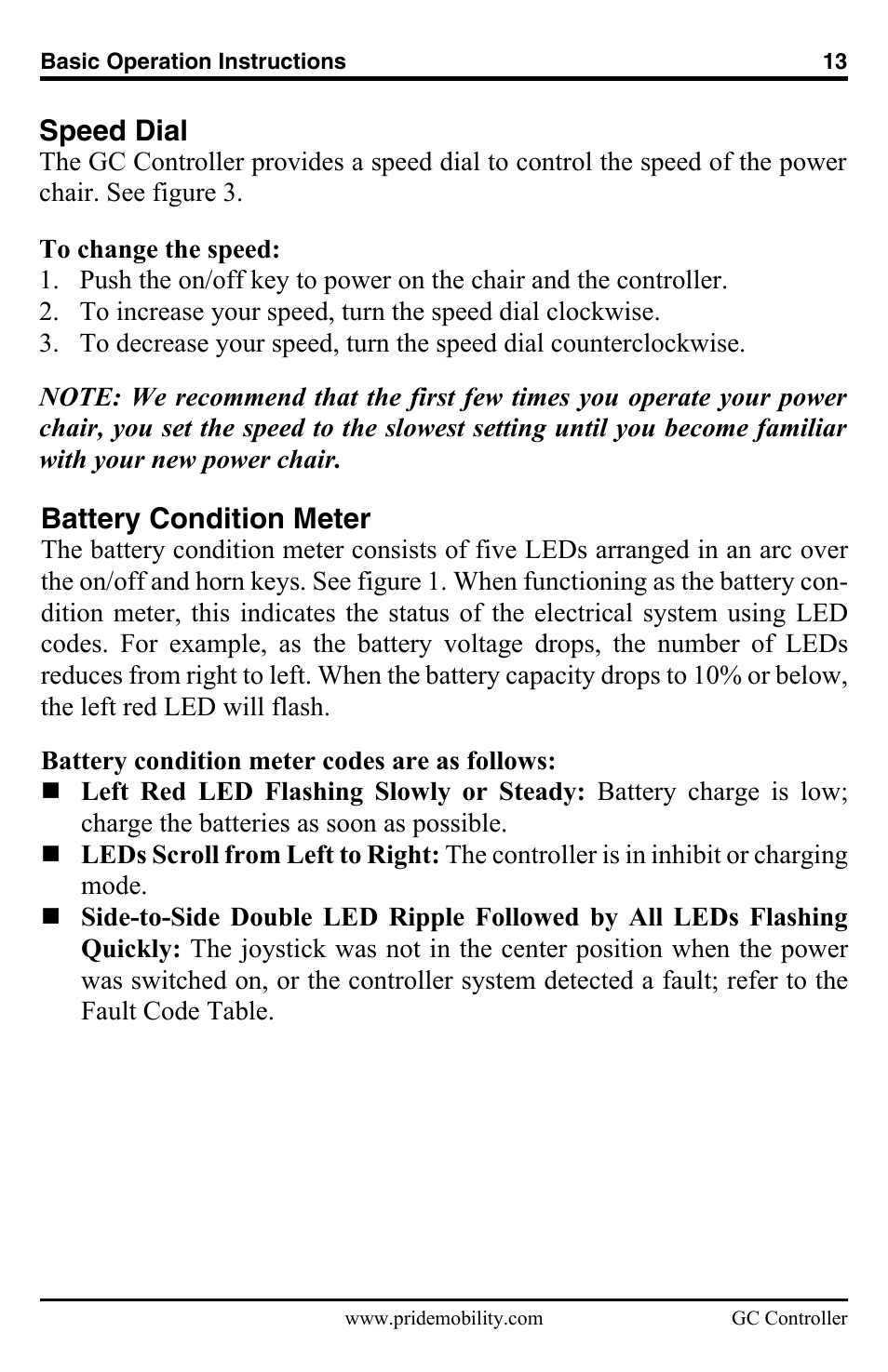 Battery condition meter, Speed dial | Pride Mobility GC Controller INFMANU3355 User Manual | Page 13 / 20