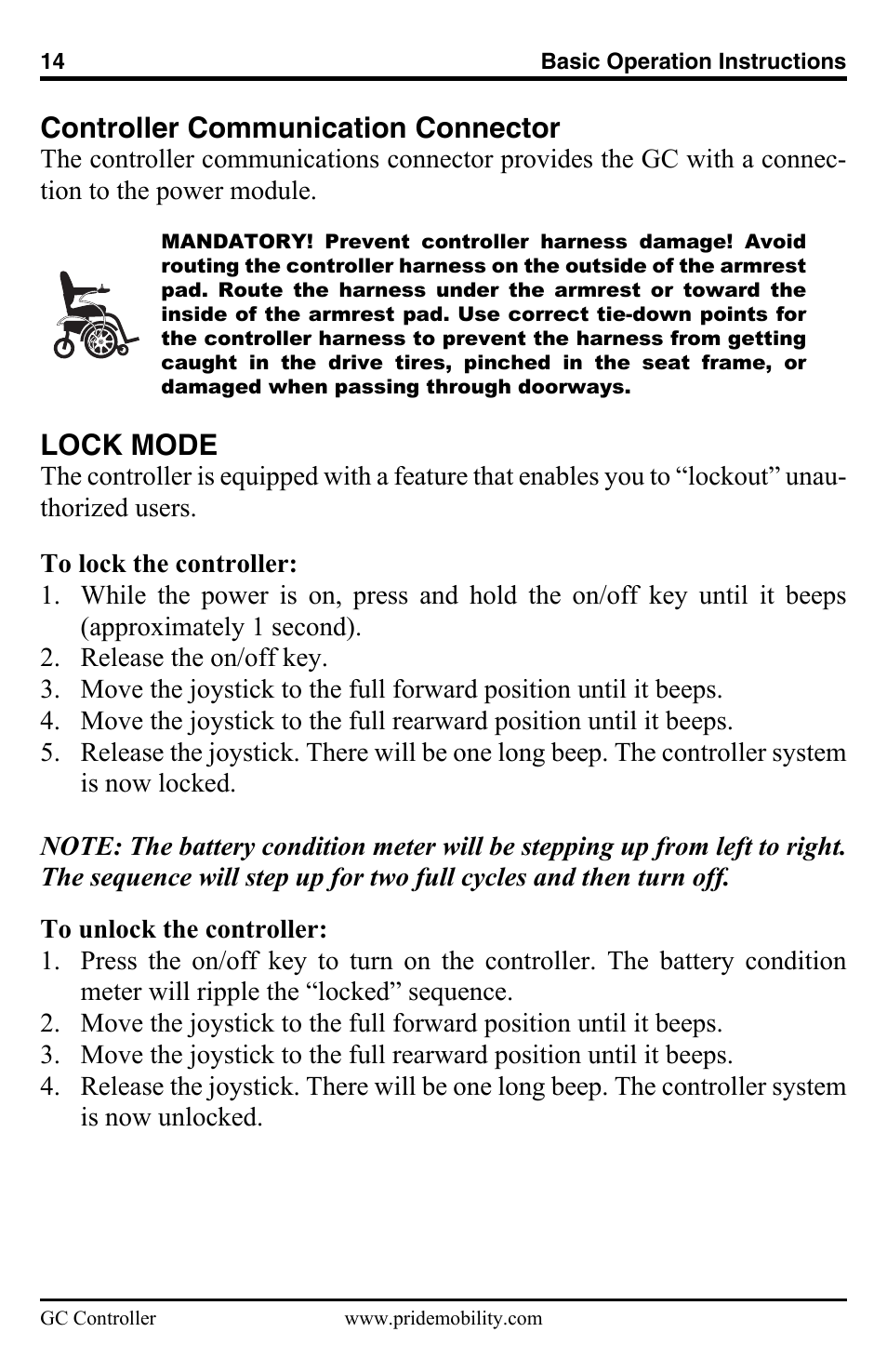 Controller communication connector, Lock mode | Pride Mobility GC Controller INFMANU3355 User Manual | Page 14 / 20