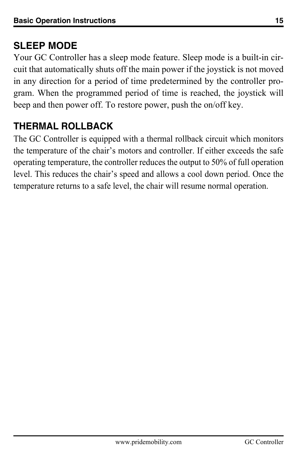 Sleep mode, Thermal rollback | Pride Mobility GC Controller INFMANU3355 User Manual | Page 15 / 20