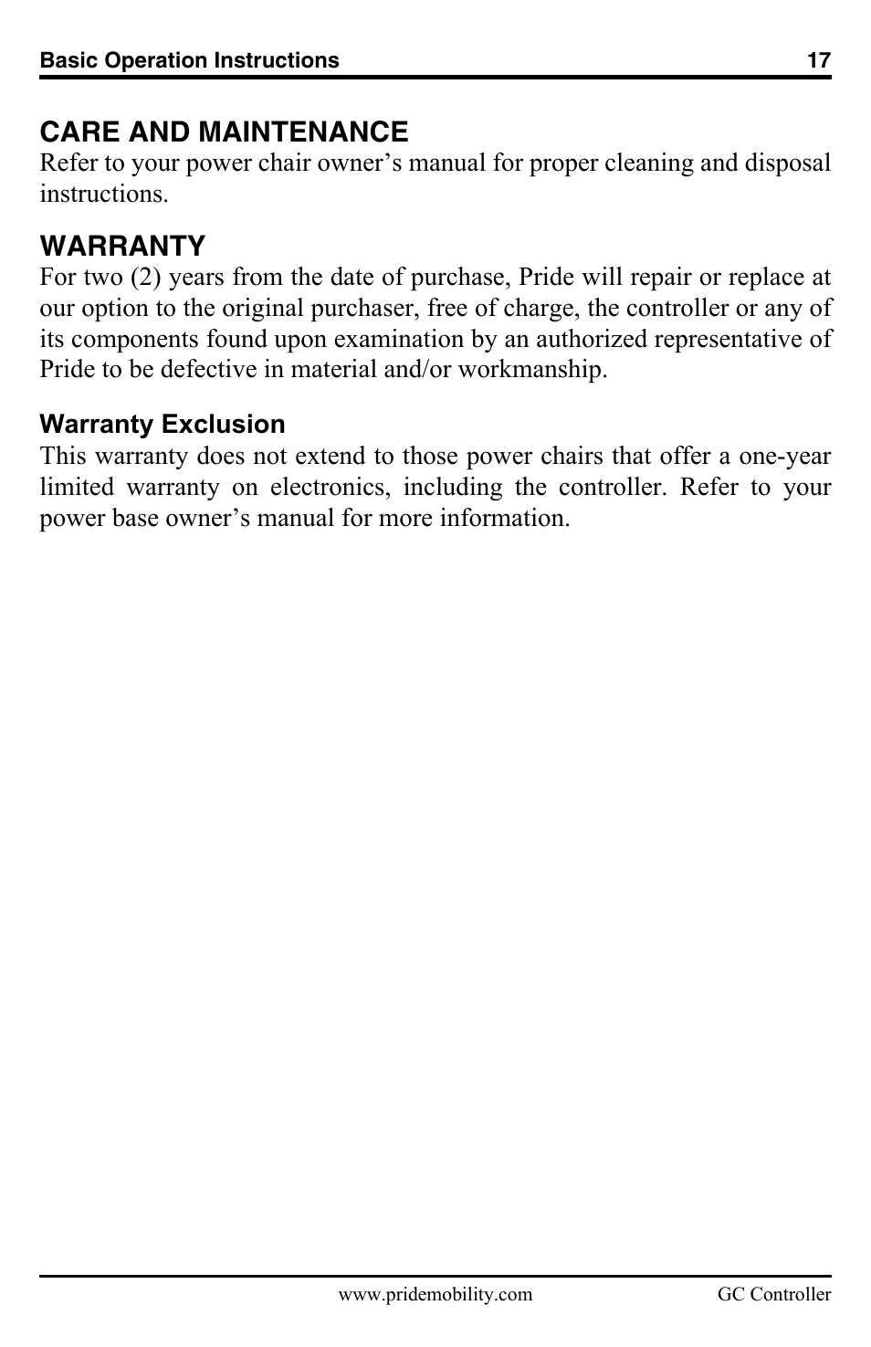Care and maintenance, Warranty | Pride Mobility GC Controller INFMANU3355 User Manual | Page 17 / 20
