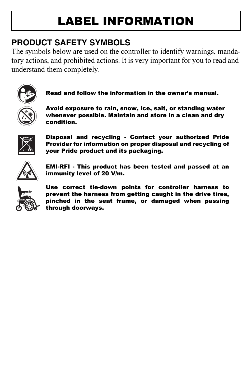 Label information, Product safety symbols | Pride Mobility GC Controller INFMANU3355 User Manual | Page 4 / 20