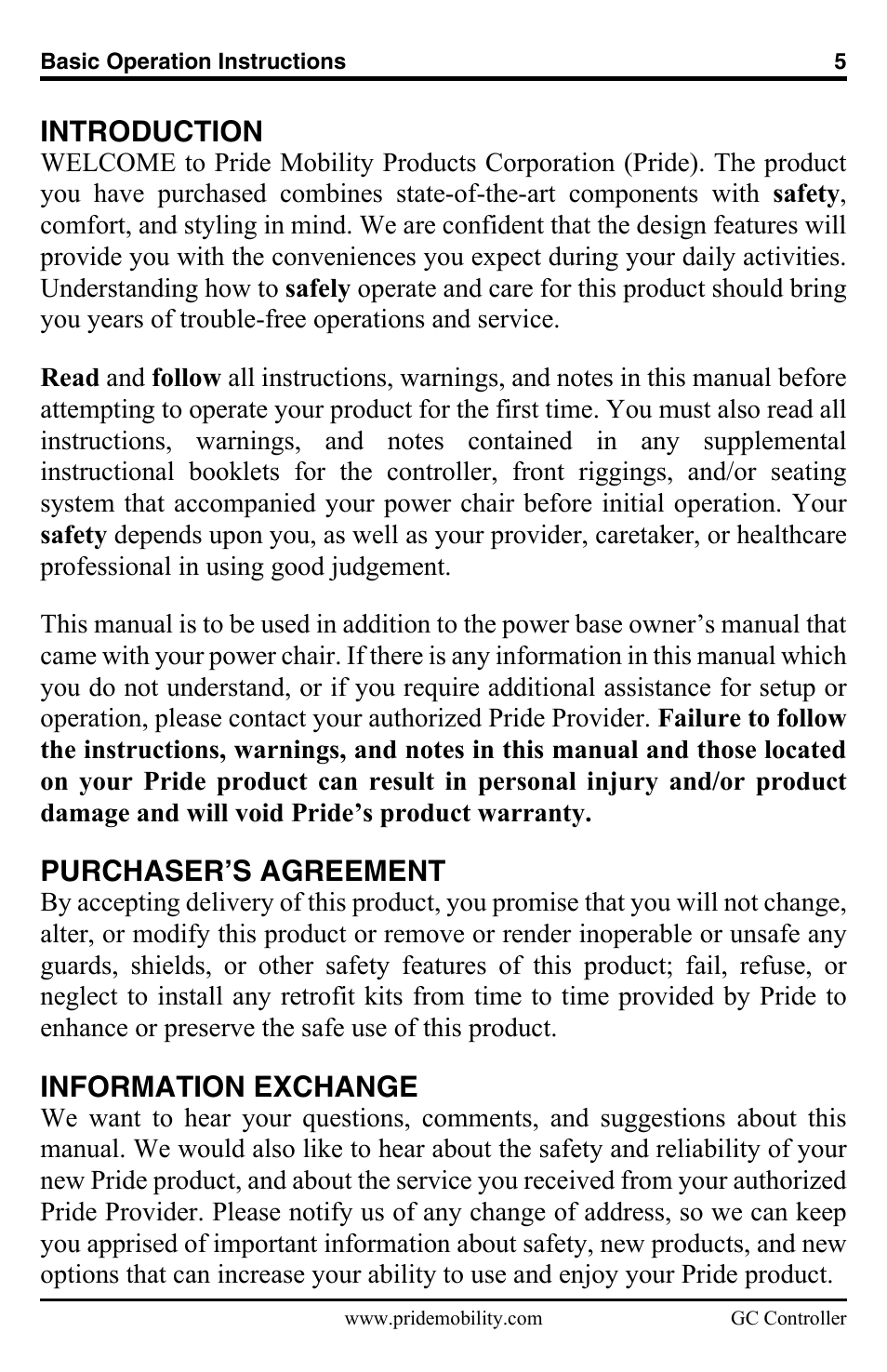 Introduction, Purchaser’s agreement, Information exchange | Pride Mobility GC Controller INFMANU3355 User Manual | Page 5 / 20