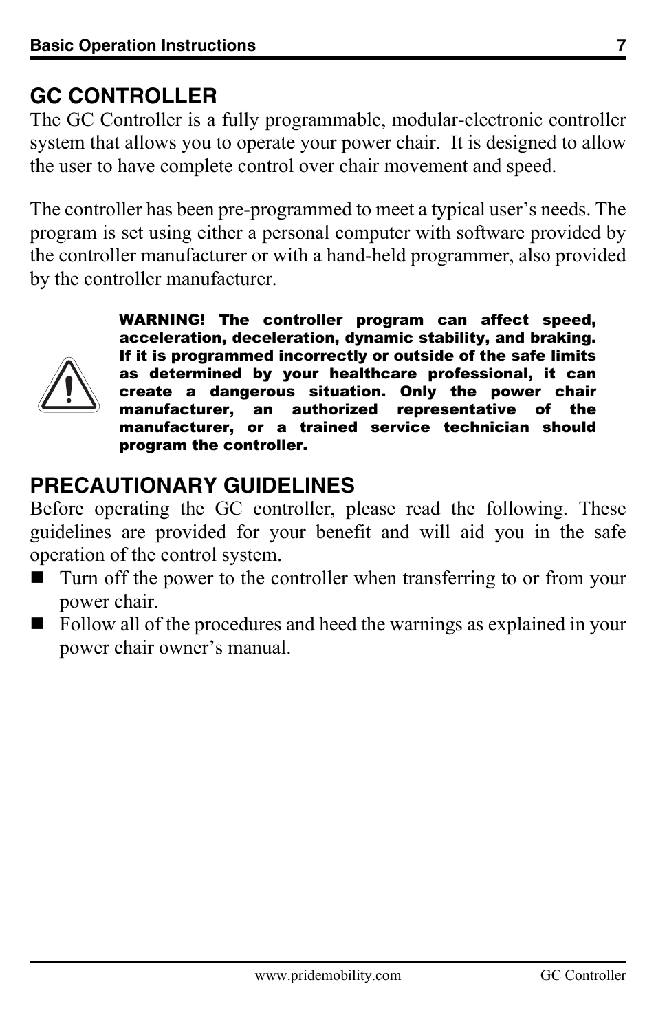 Gc controller, Precautionary guidelines | Pride Mobility GC Controller INFMANU3355 User Manual | Page 7 / 20