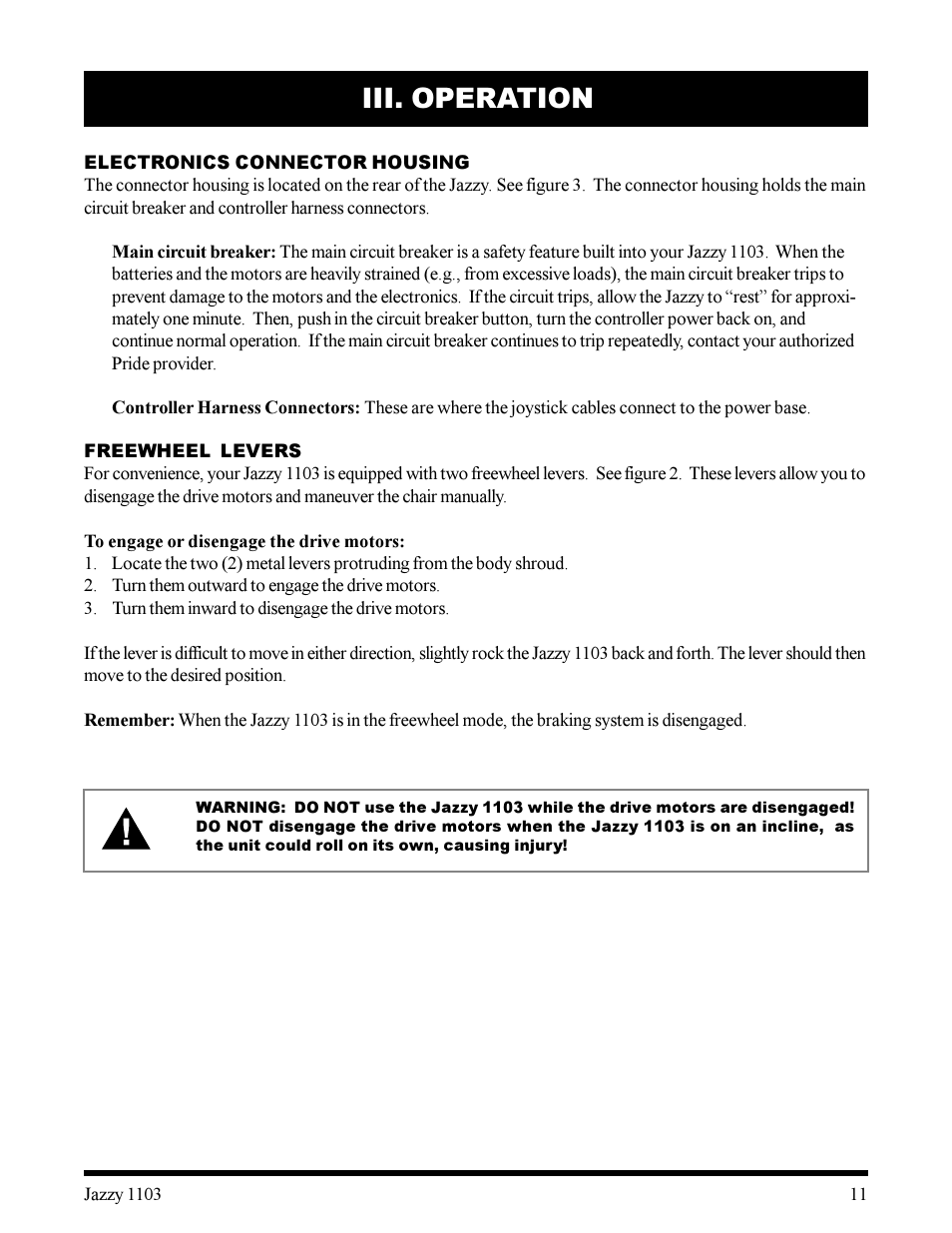 Iii. operation | Pride Mobility 1103 User Manual | Page 11 / 33