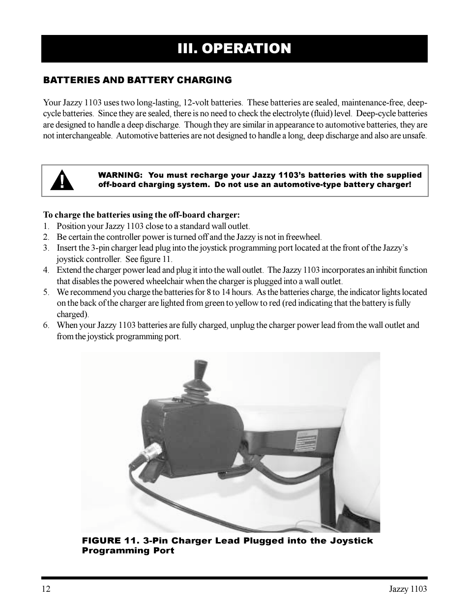 Iii. operation | Pride Mobility 1103 User Manual | Page 12 / 33