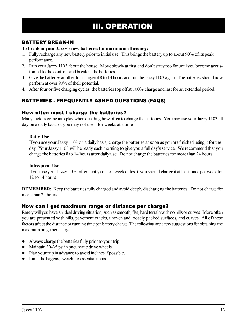 Iii. operation | Pride Mobility 1103 User Manual | Page 13 / 33