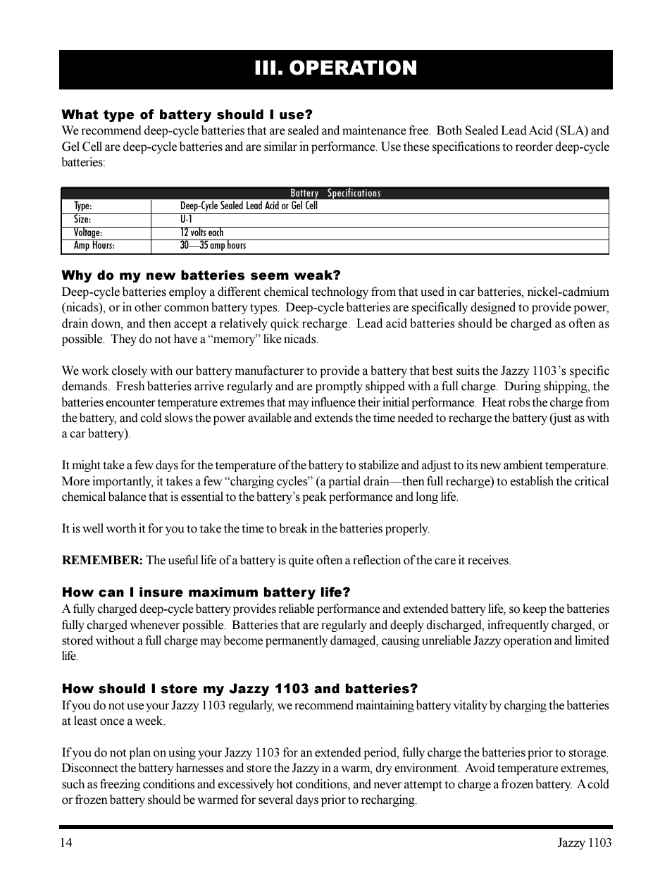 Iii. operation | Pride Mobility 1103 User Manual | Page 14 / 33