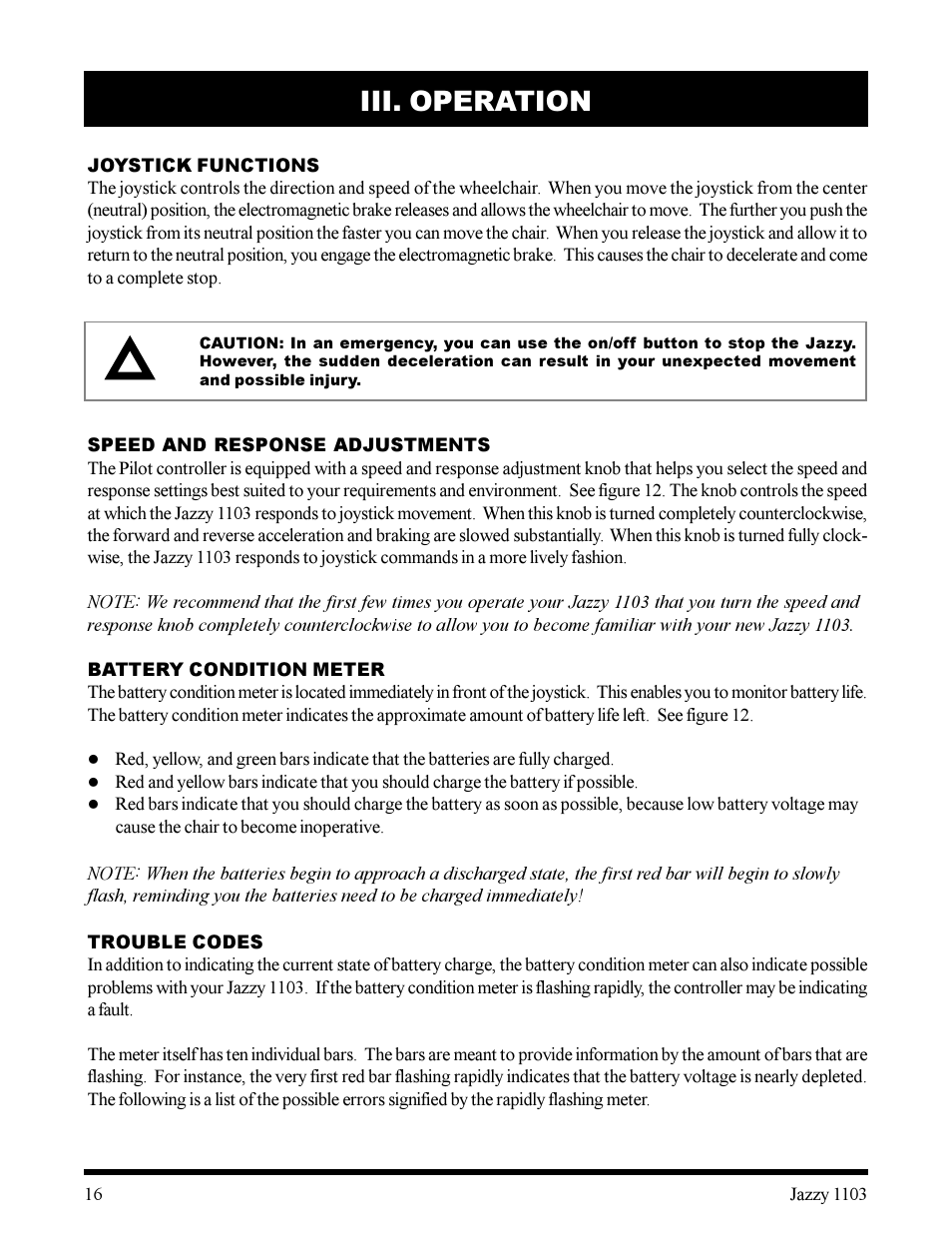 Iii. operation | Pride Mobility 1103 User Manual | Page 16 / 33