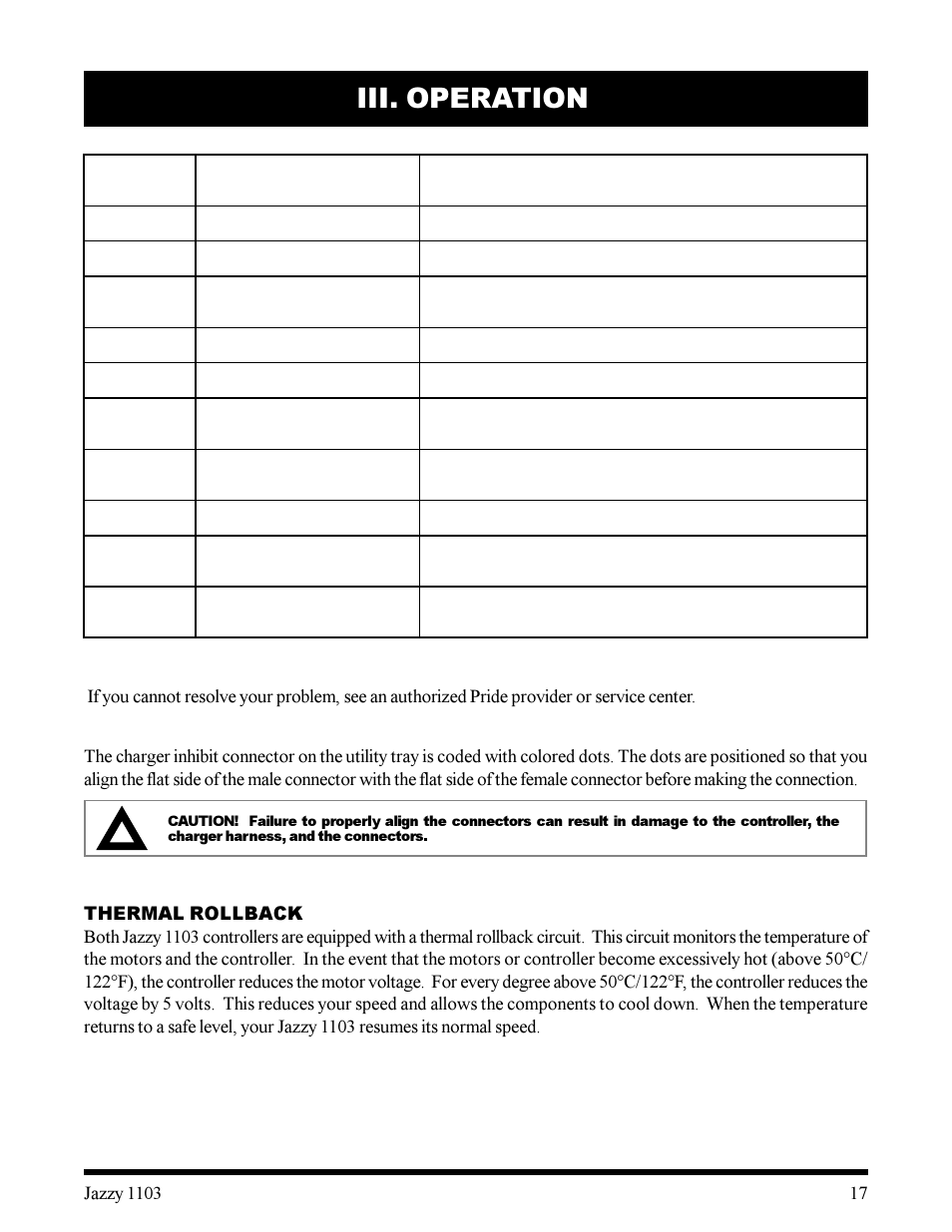 Iii. operation | Pride Mobility 1103 User Manual | Page 17 / 33