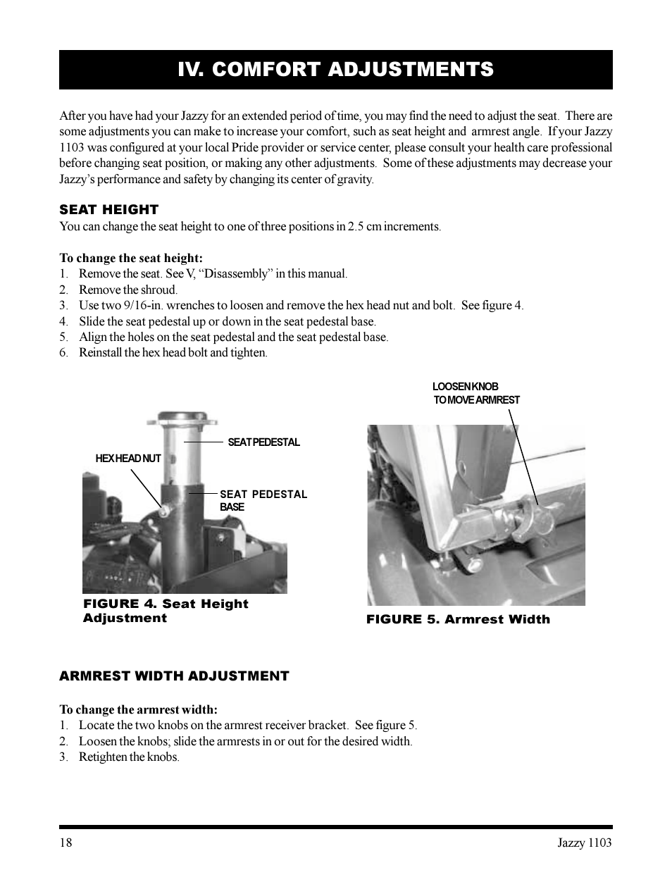 Iv. comfort adjustments | Pride Mobility 1103 User Manual | Page 18 / 33