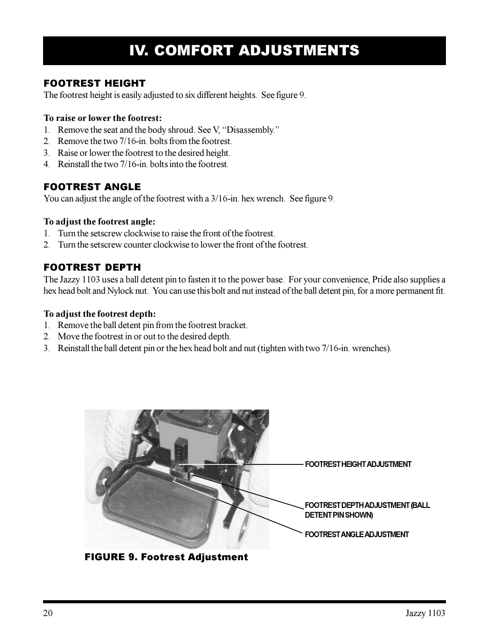 Iv. comfort adjustments | Pride Mobility 1103 User Manual | Page 20 / 33