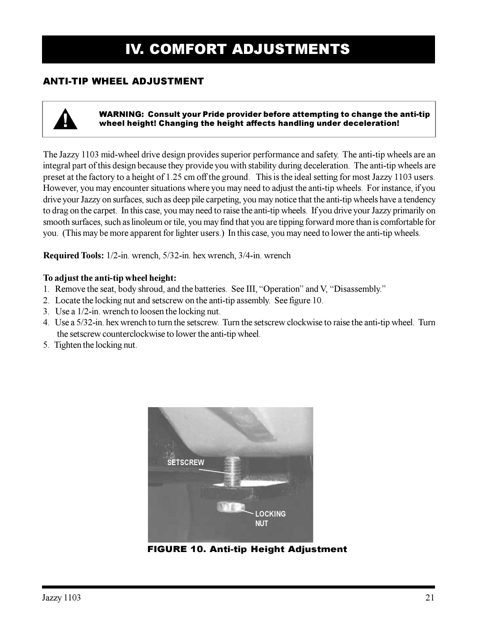 Iv. comfort adjustments | Pride Mobility 1103 User Manual | Page 21 / 33