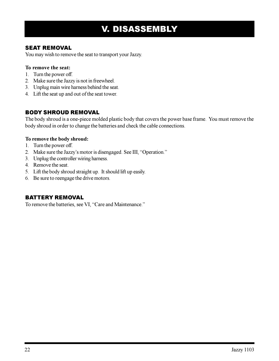 V. disassembly | Pride Mobility 1103 User Manual | Page 22 / 33