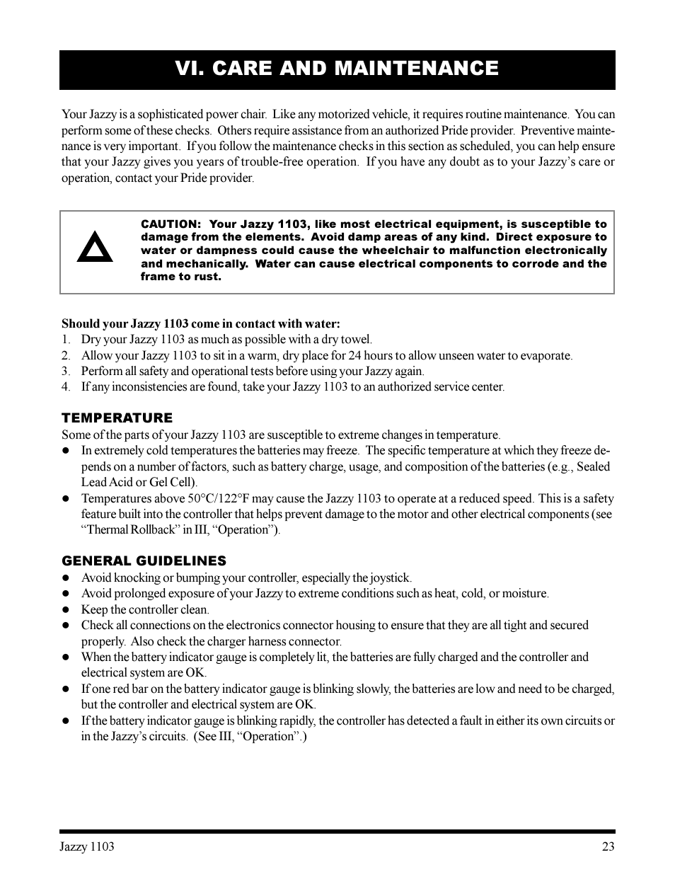 Vi. care and maintenance | Pride Mobility 1103 User Manual | Page 23 / 33