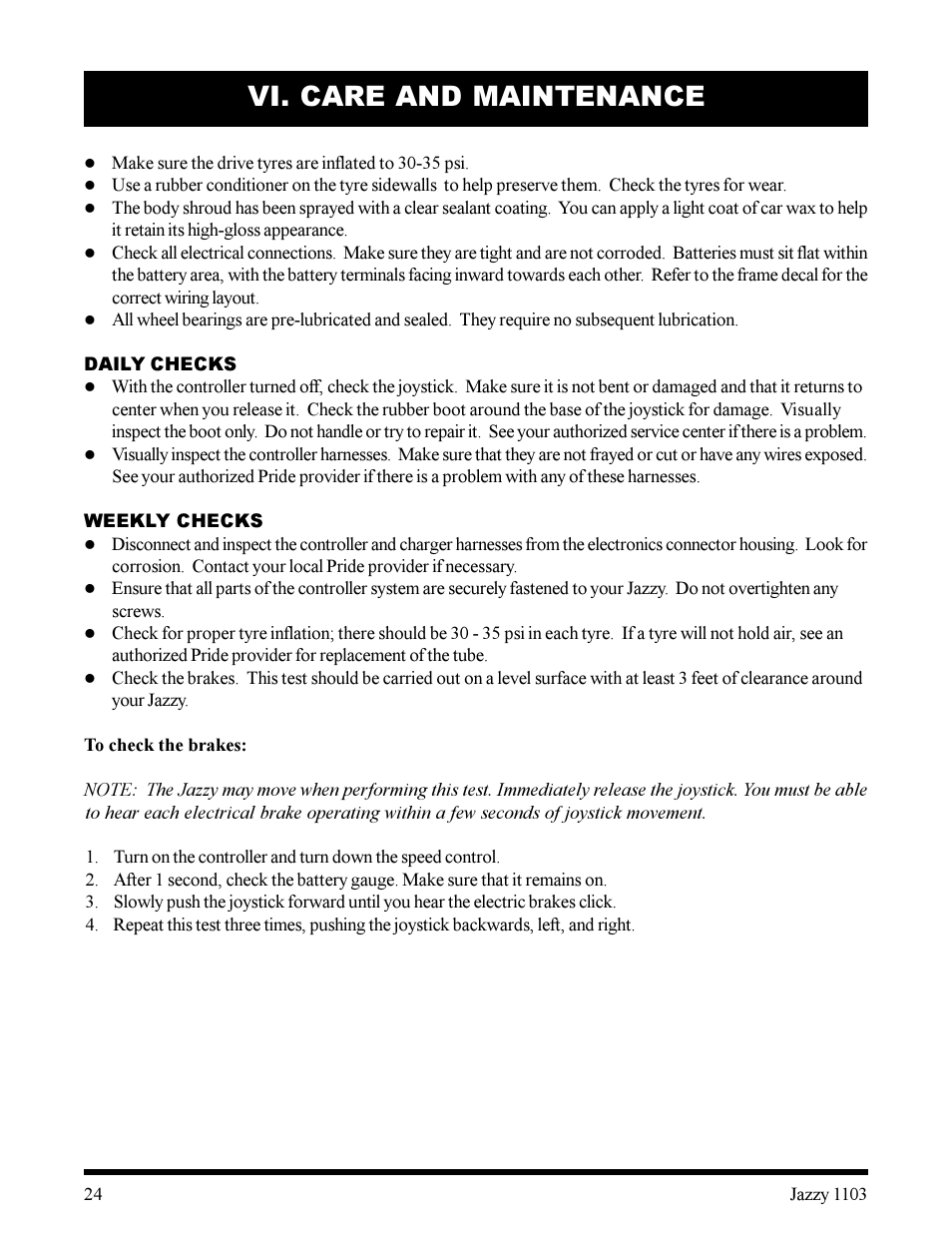 Vi. care and maintenance | Pride Mobility 1103 User Manual | Page 24 / 33