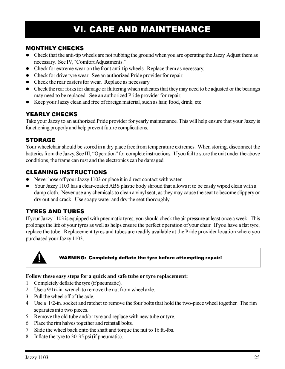 Vi. care and maintenance | Pride Mobility 1103 User Manual | Page 25 / 33