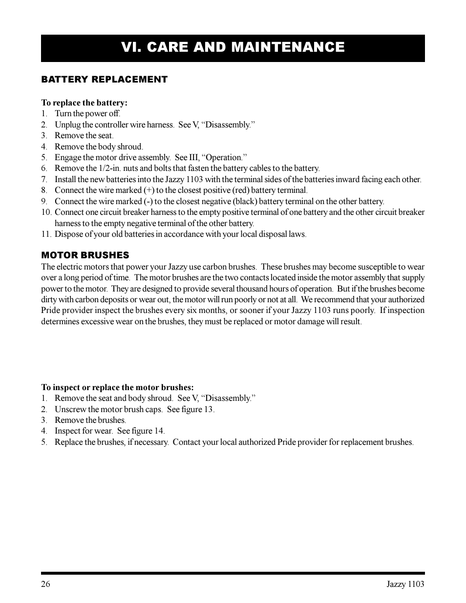 Vi. care and maintenance | Pride Mobility 1103 User Manual | Page 26 / 33