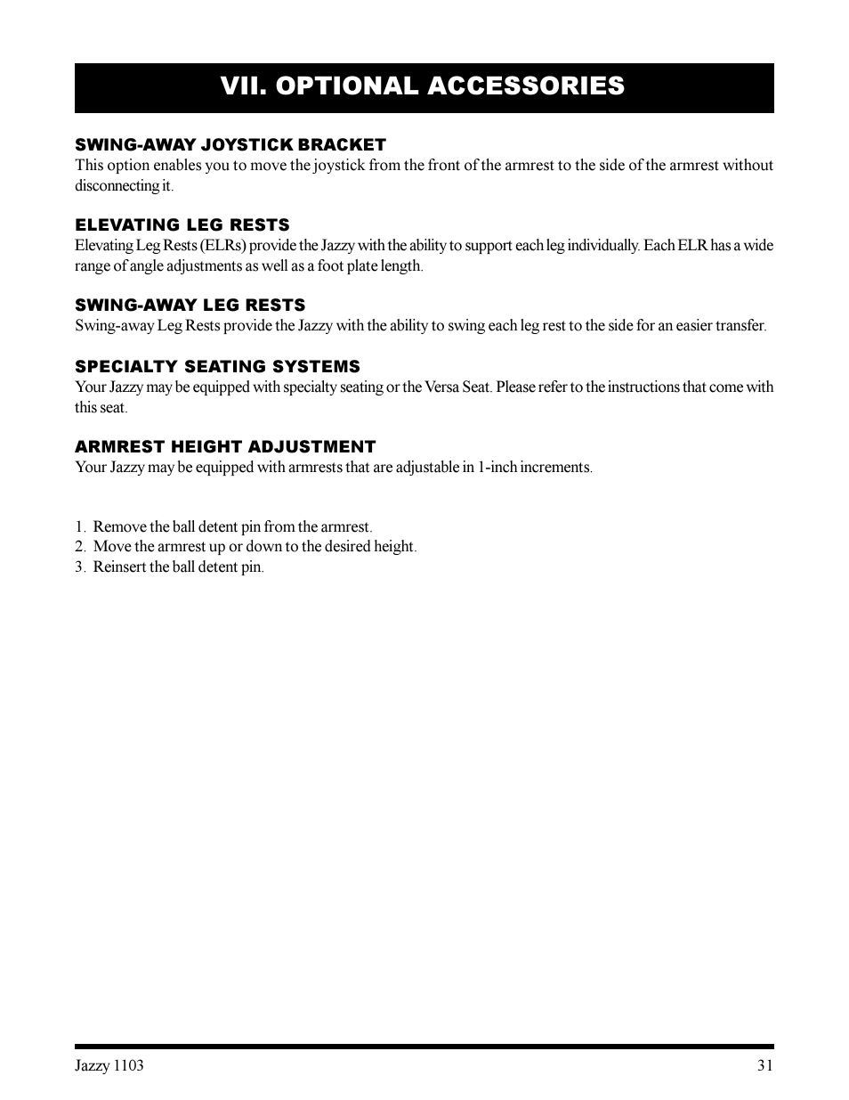 Vii. optional accessories | Pride Mobility 1103 User Manual | Page 31 / 33