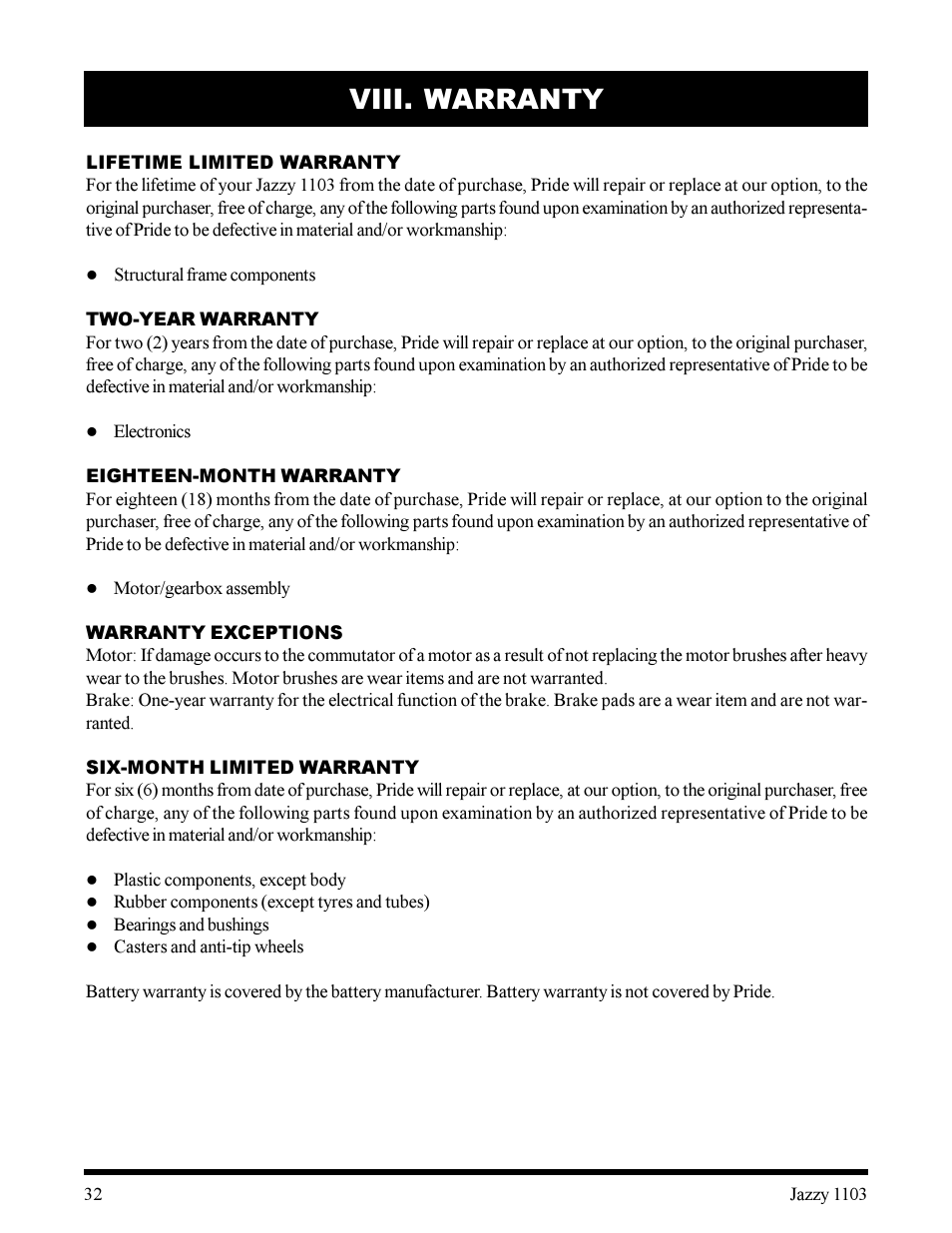 Viii. warranty | Pride Mobility 1103 User Manual | Page 32 / 33