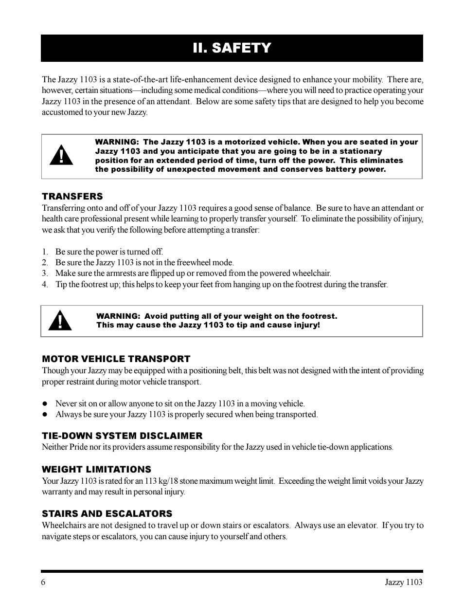 Ii. safety | Pride Mobility 1103 User Manual | Page 6 / 33