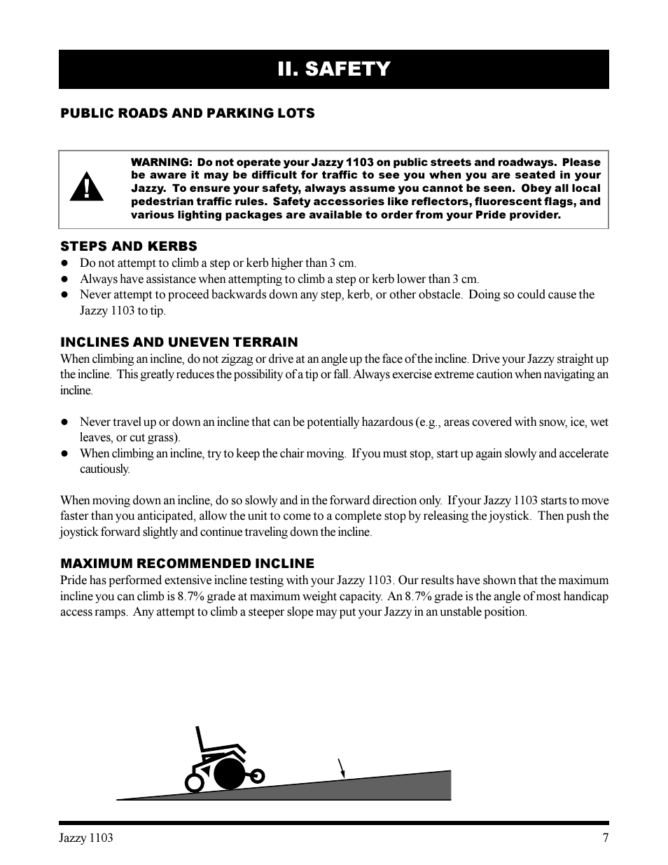 7% grade, Ii. safety | Pride Mobility 1103 User Manual | Page 7 / 33