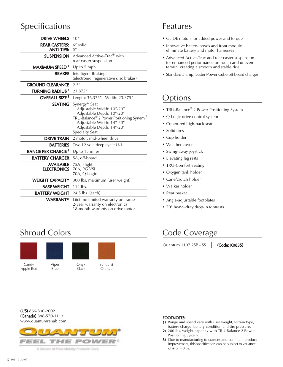 Specifications features options shroud colors, Code coverage | Pride Mobility quantum 1107 User Manual | Page 2 / 2