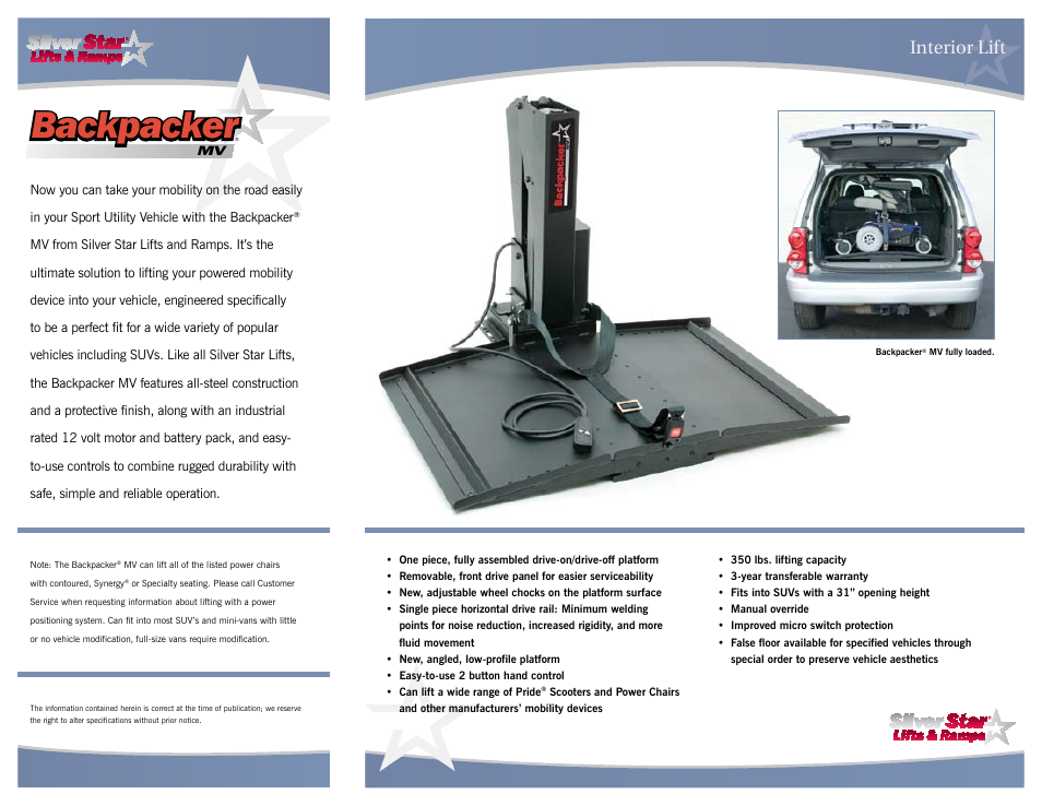 Backpacker, Interior lift | Pride Mobility Backpacker MV User Manual | Page 2 / 2