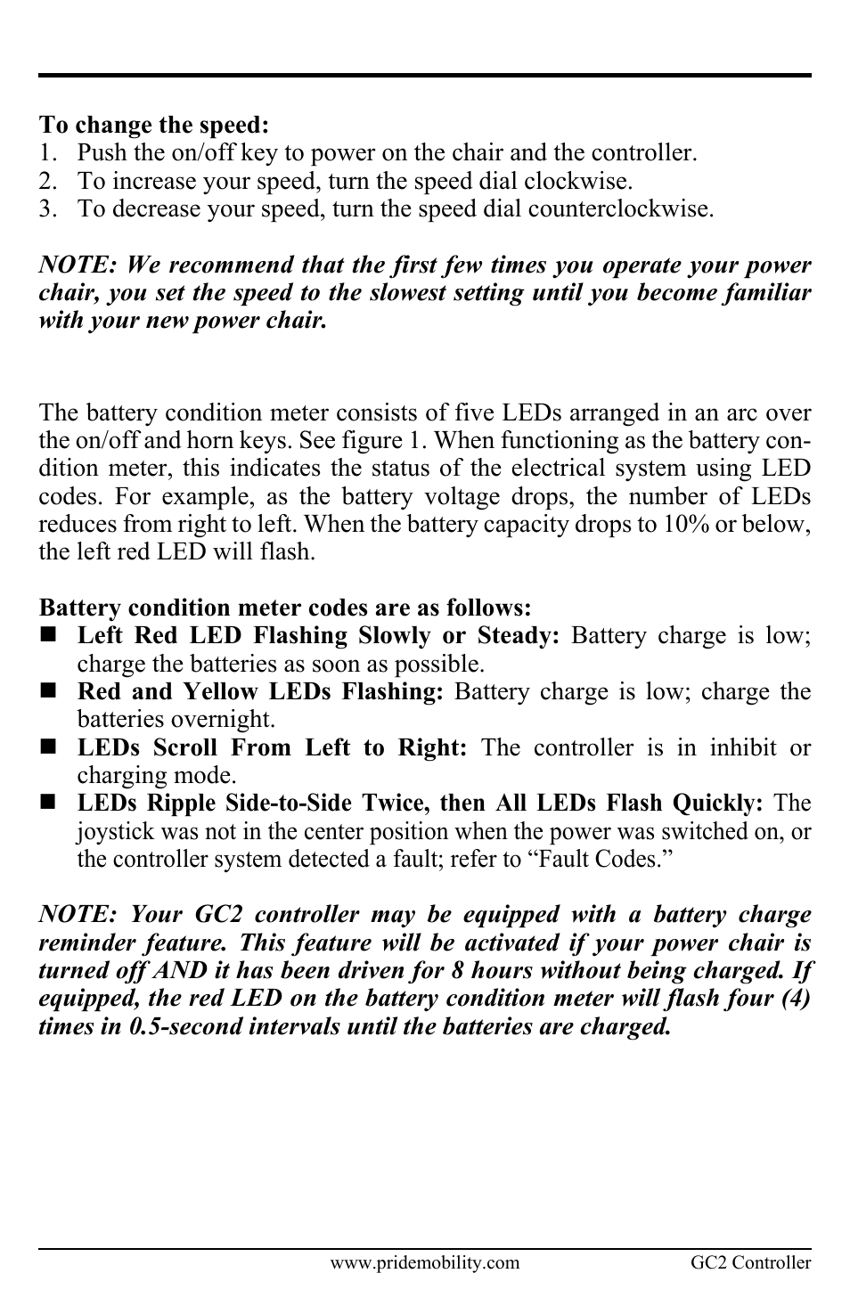 Battery condition meter | Pride Mobility Controller GC2 User Manual | Page 13 / 20