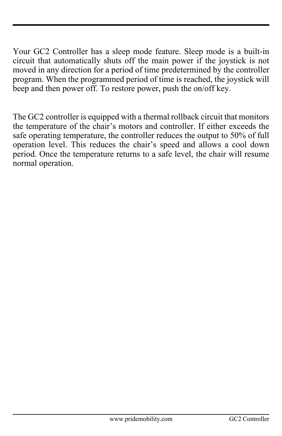Sleep mode, Thermal rollback | Pride Mobility Controller GC2 User Manual | Page 15 / 20