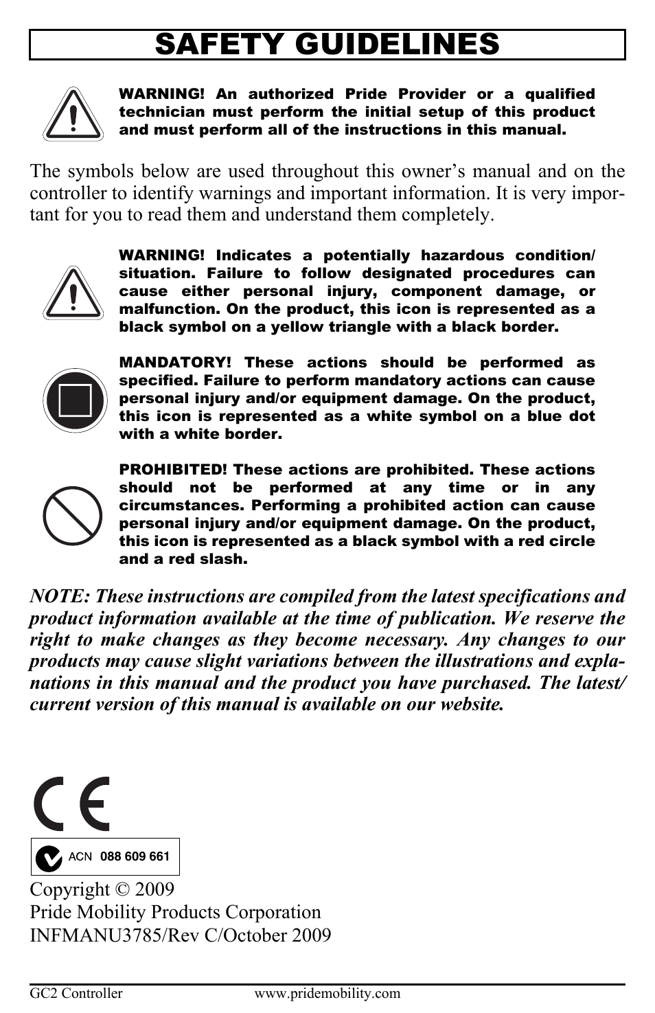 Safety guidelines | Pride Mobility Controller GC2 User Manual | Page 2 / 20