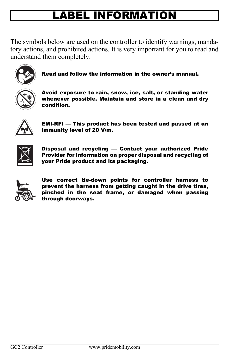 Product safety symbols, Label information | Pride Mobility Controller GC2 User Manual | Page 4 / 20