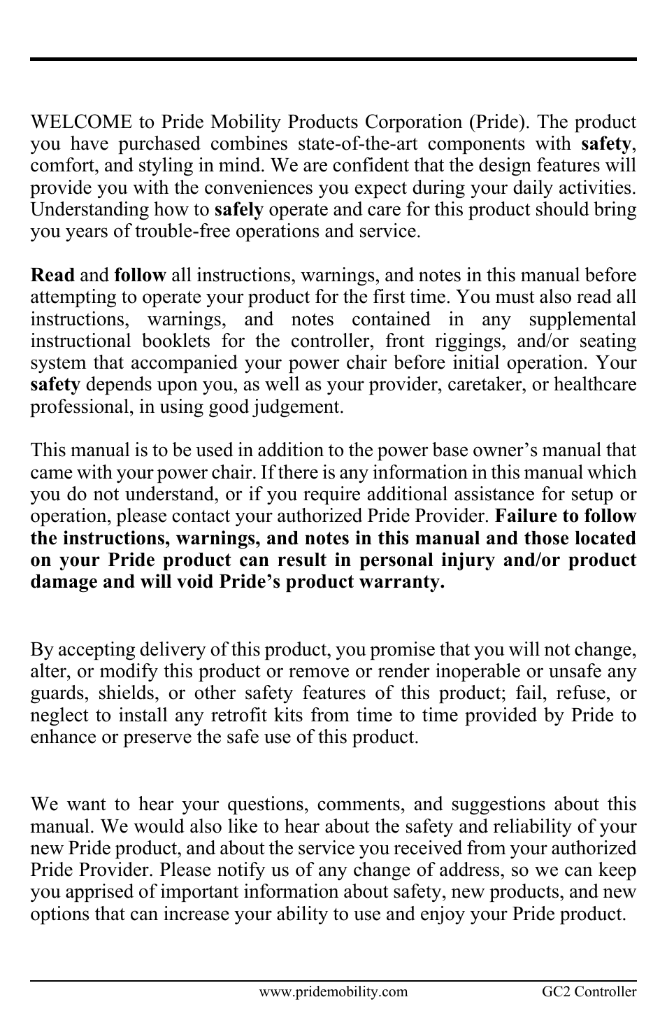 Introduction, Purchaser’s agreement, Information exchange | Pride Mobility Controller GC2 User Manual | Page 5 / 20