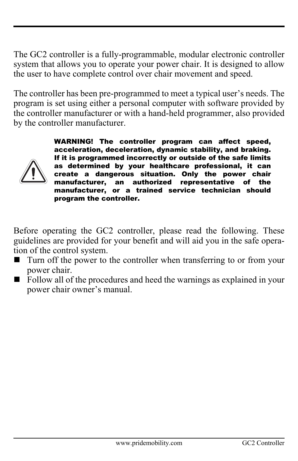 Gc2 controller, Precautionary guidelines | Pride Mobility Controller GC2 User Manual | Page 7 / 20