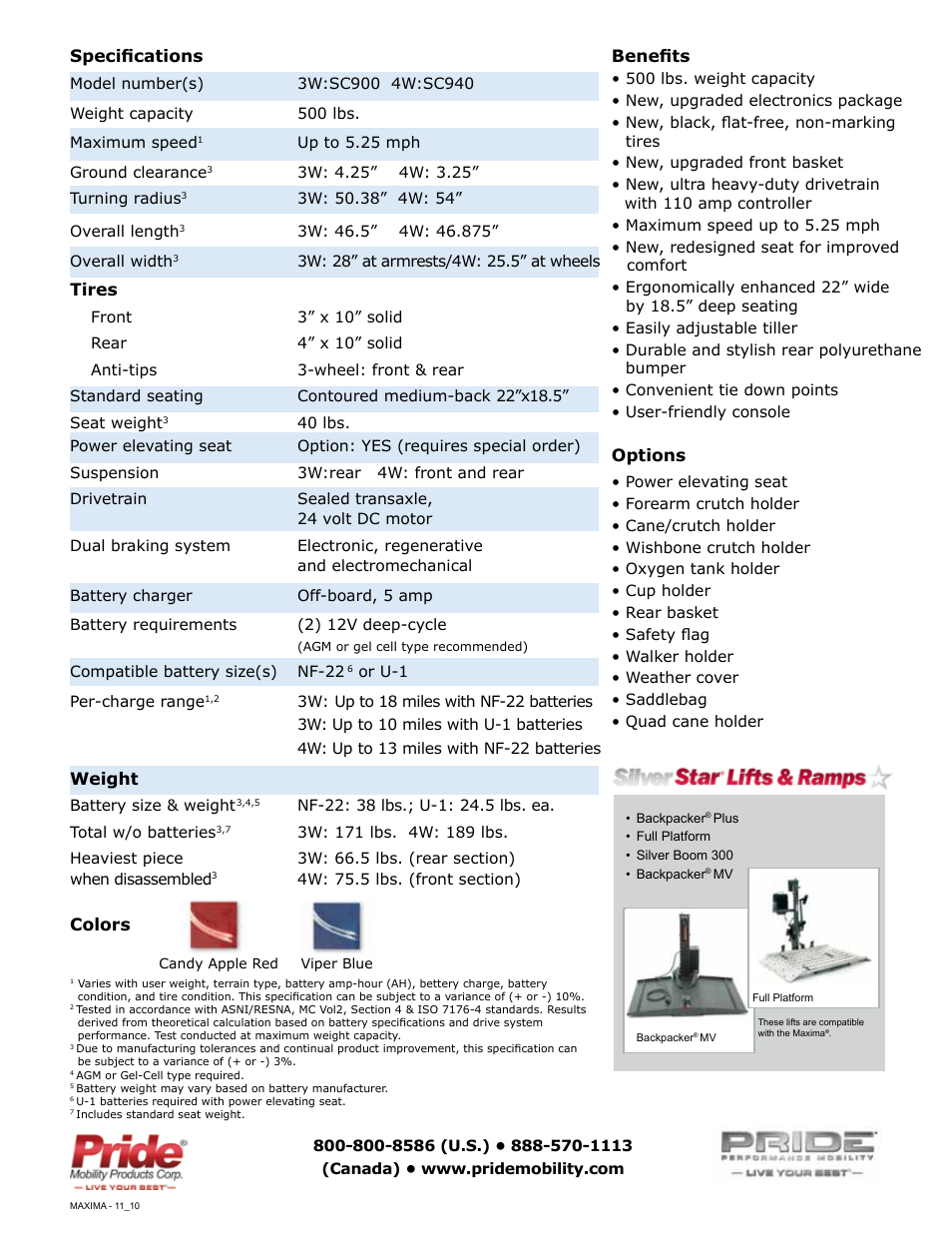 Specifications, Tires, Weight | Colors, Benefits, Options | Pride Mobility Maxima Scooter SC940 User Manual | Page 2 / 2