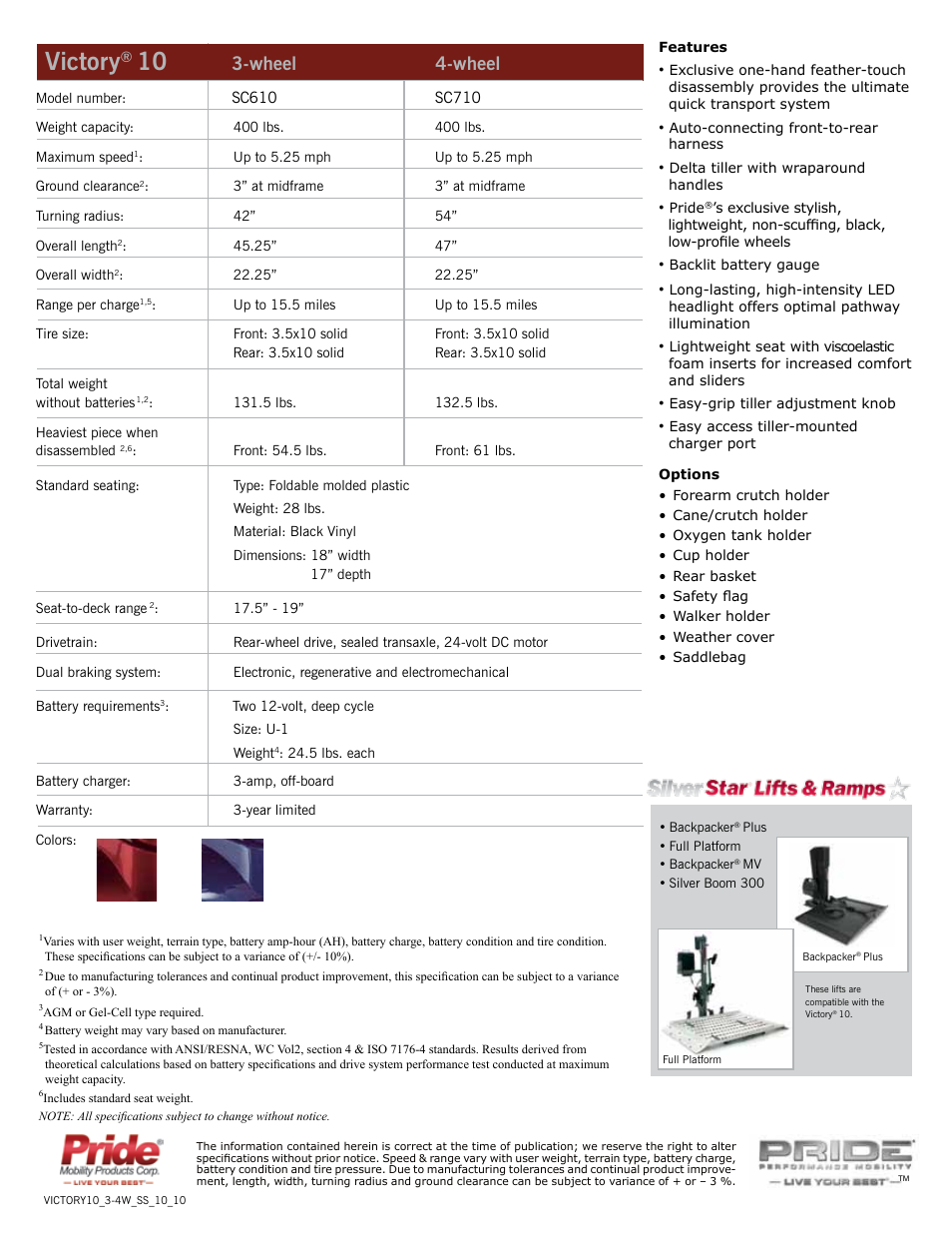 Victory, Wheel 4-wheel | Pride Mobility SC610 SC710 User Manual | Page 2 / 2
