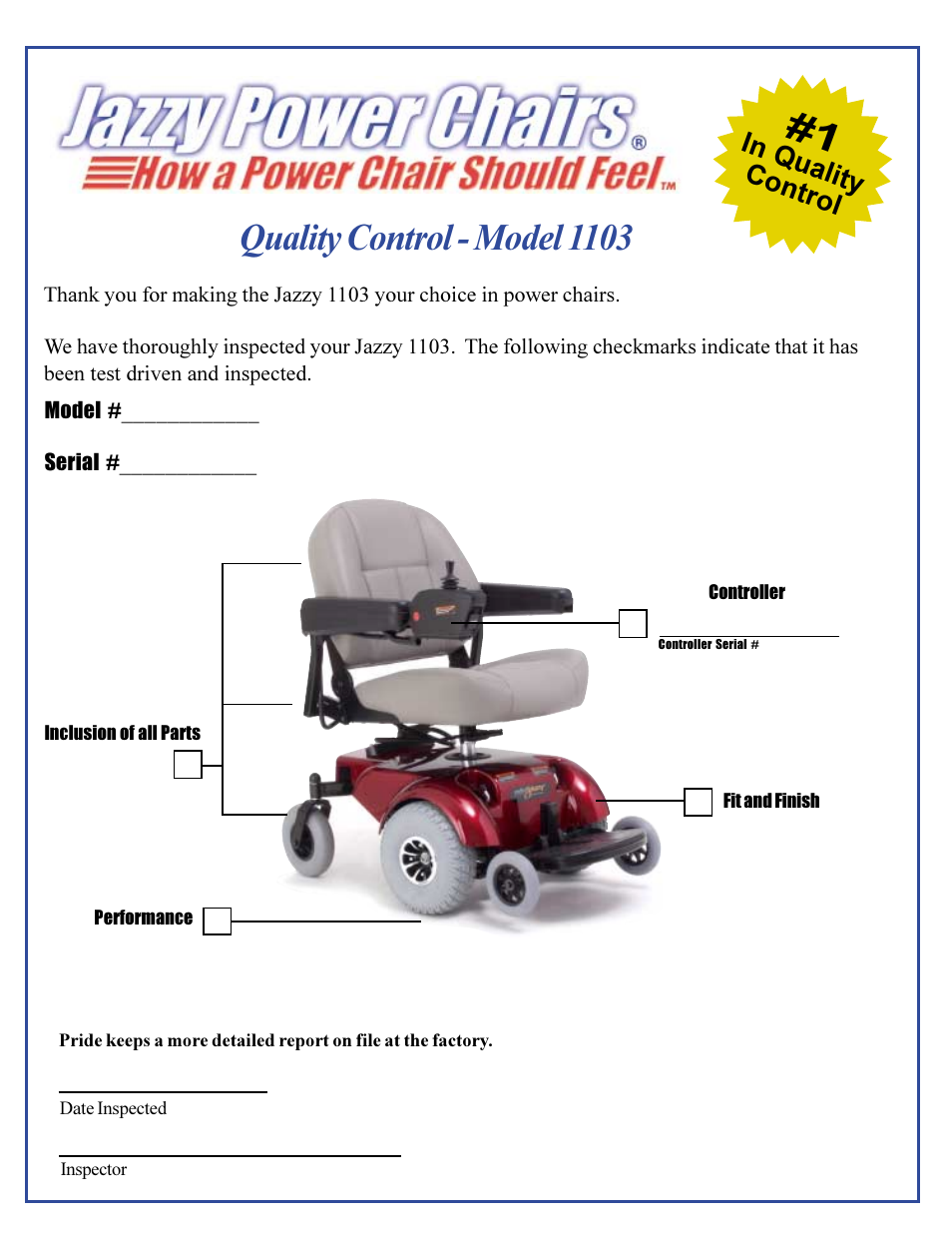 Quality control - model 1103 | Pride Mobility JAZZY 1103 User Manual | Page 47 / 47