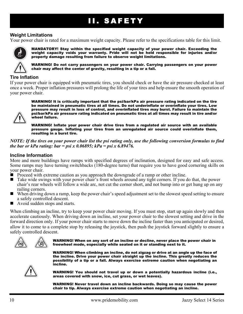 Ii. safety | Pride Mobility Jazzy Select 14 User Manual | Page 10 / 43