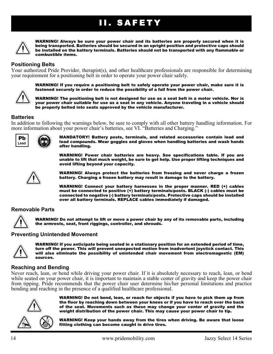 Ii. safety | Pride Mobility Jazzy Select 14 User Manual | Page 14 / 43