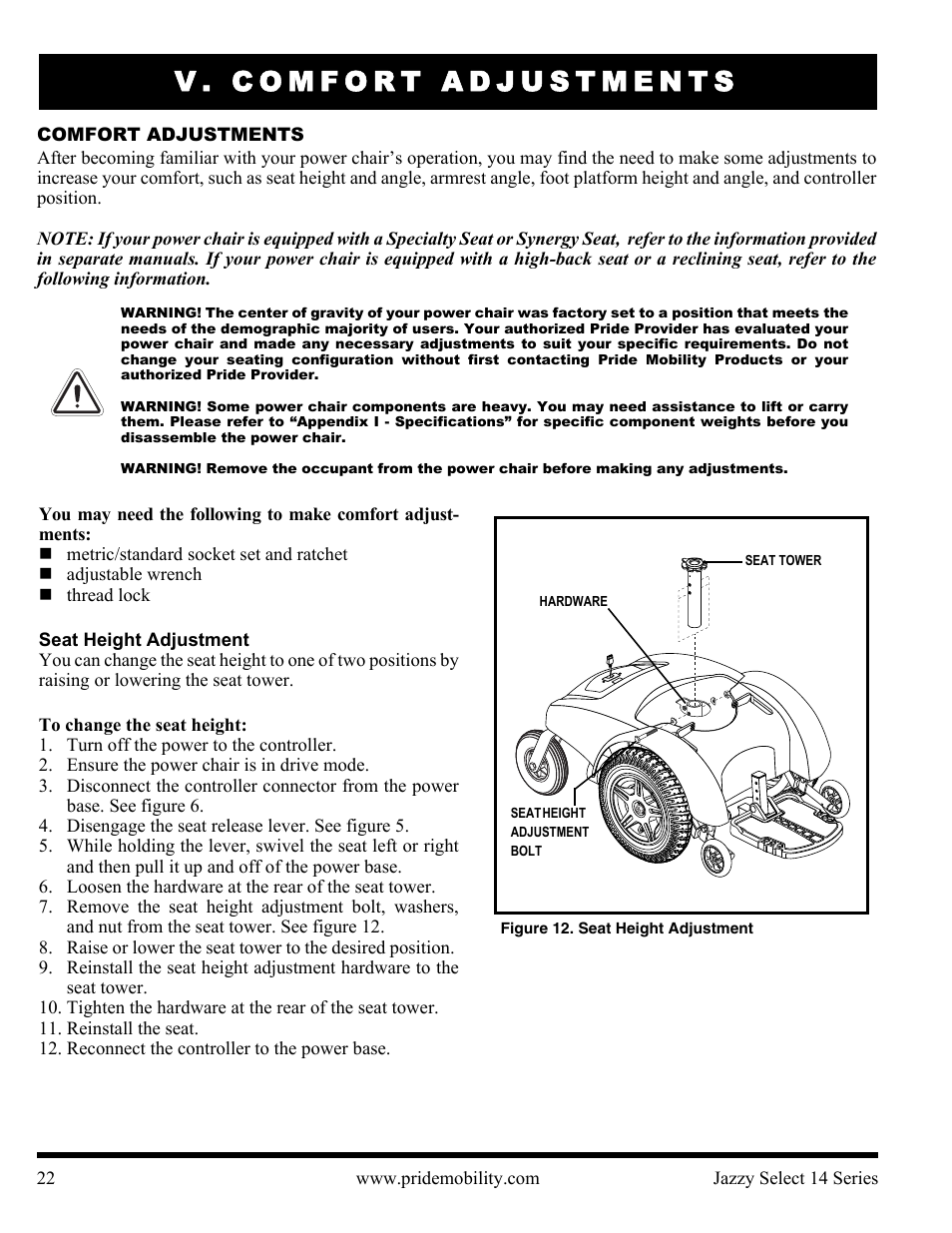 V. comfort adjustments | Pride Mobility Jazzy Select 14 User Manual | Page 22 / 43