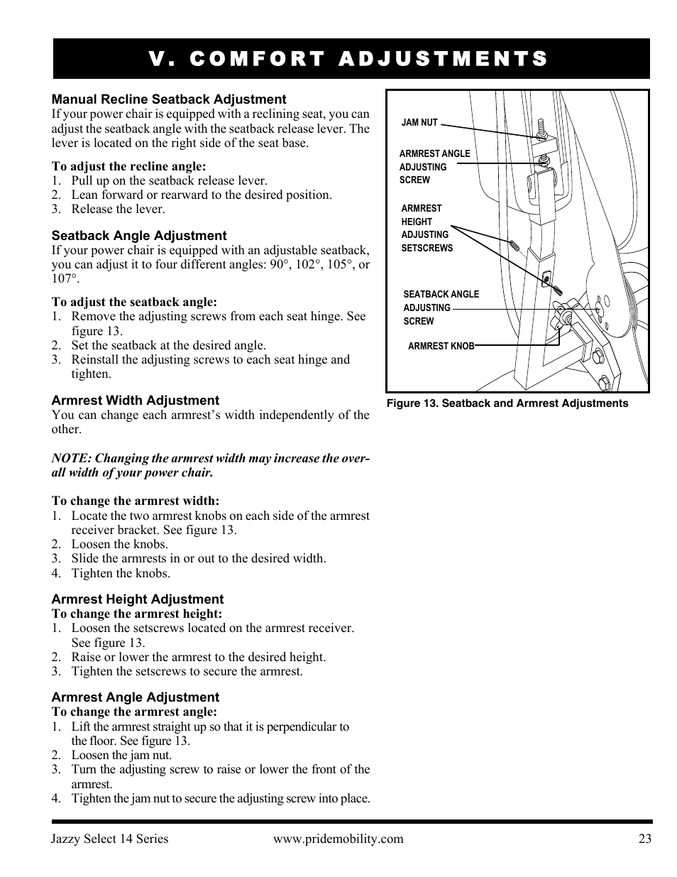 V. comfort adjustments | Pride Mobility Jazzy Select 14 User Manual | Page 23 / 43