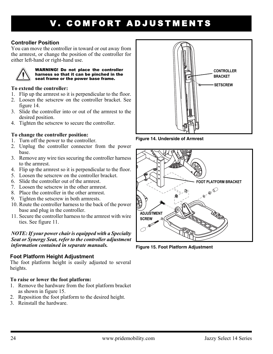 V. comfort adjustments | Pride Mobility Jazzy Select 14 User Manual | Page 24 / 43