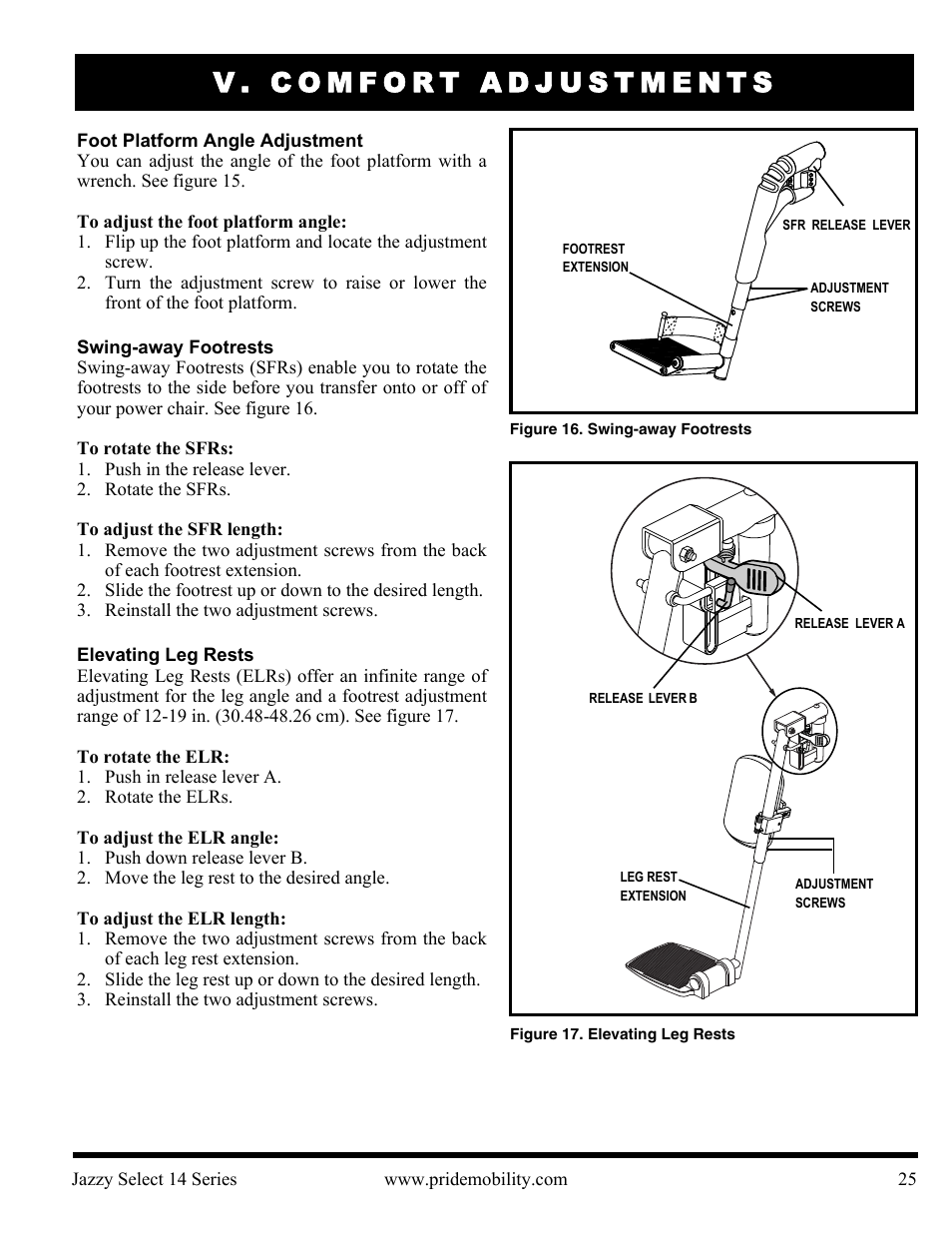 V. comfort adjustments | Pride Mobility Jazzy Select 14 User Manual | Page 25 / 43