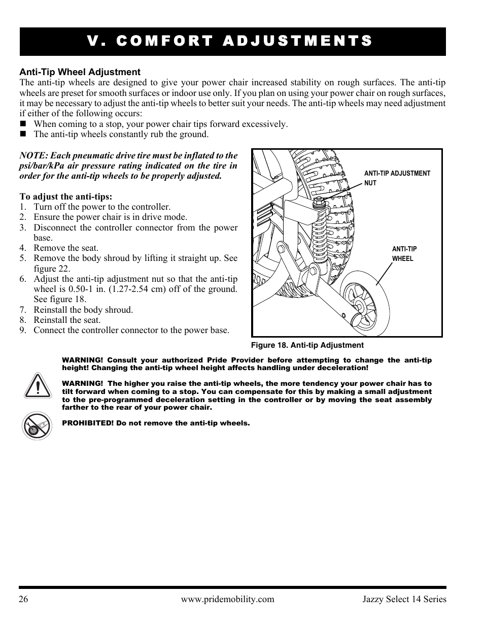 V. comfort adjustments | Pride Mobility Jazzy Select 14 User Manual | Page 26 / 43