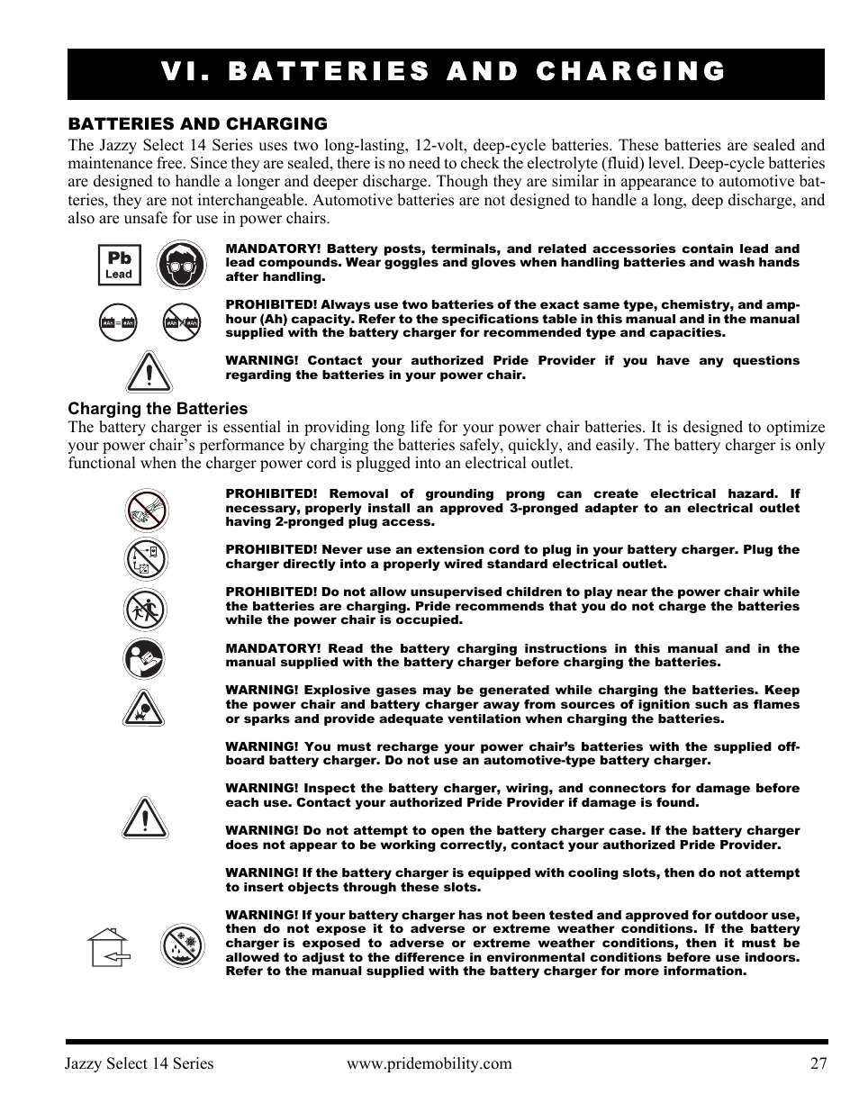 Vi. batteries and charging | Pride Mobility Jazzy Select 14 User Manual | Page 27 / 43