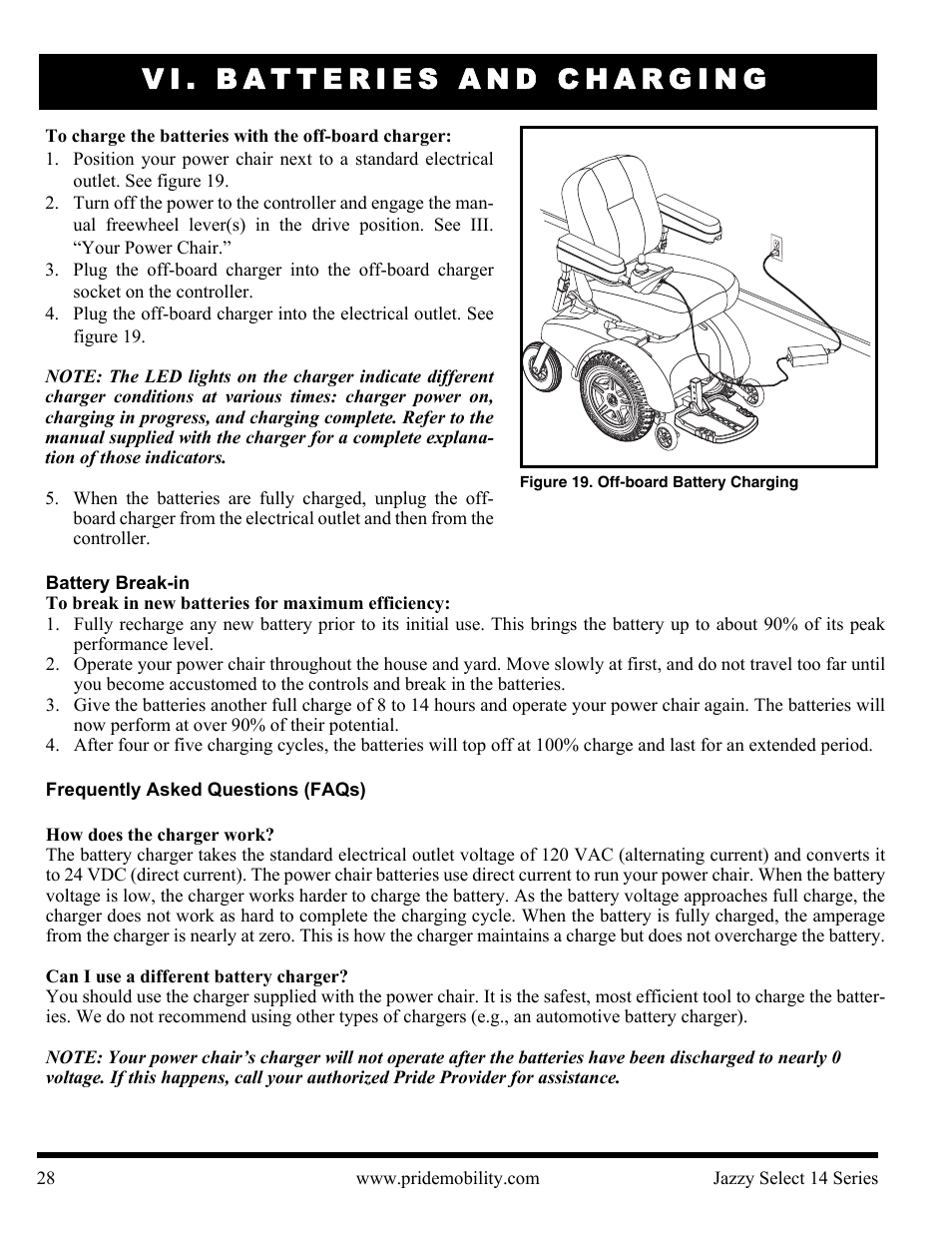 Vi. batteries and charging | Pride Mobility Jazzy Select 14 User Manual | Page 28 / 43