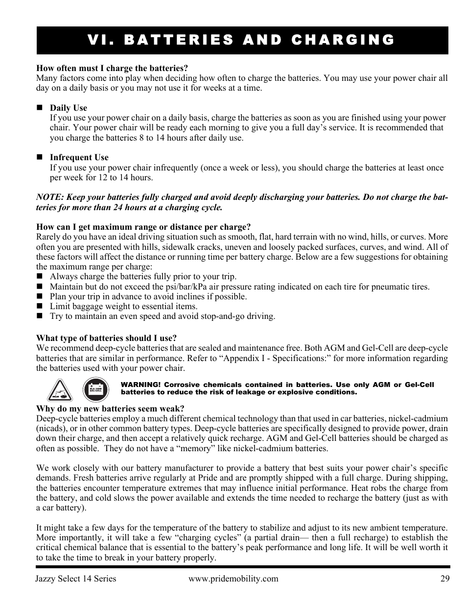 Vi. batteries and charging | Pride Mobility Jazzy Select 14 User Manual | Page 29 / 43