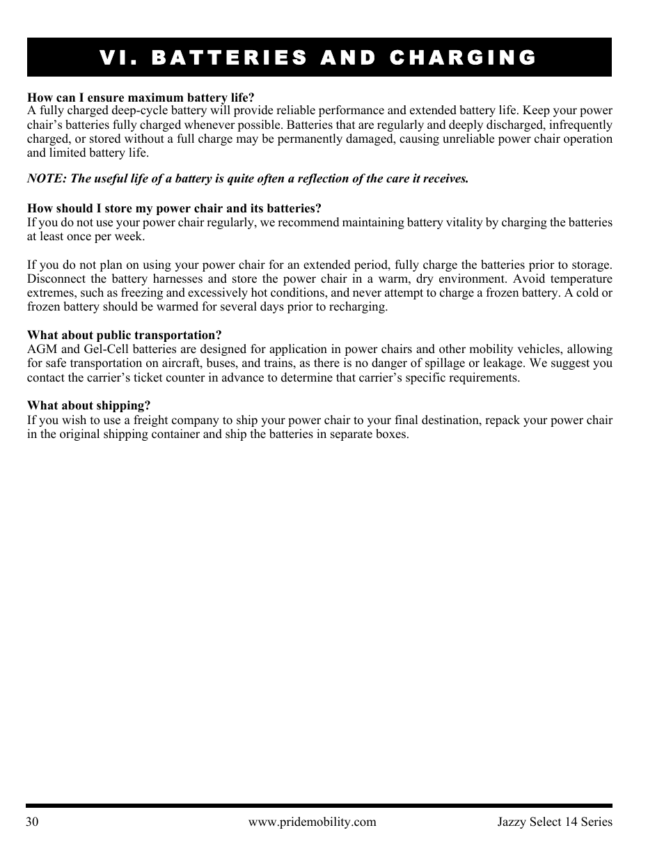 Vi. batteries and charging | Pride Mobility Jazzy Select 14 User Manual | Page 30 / 43