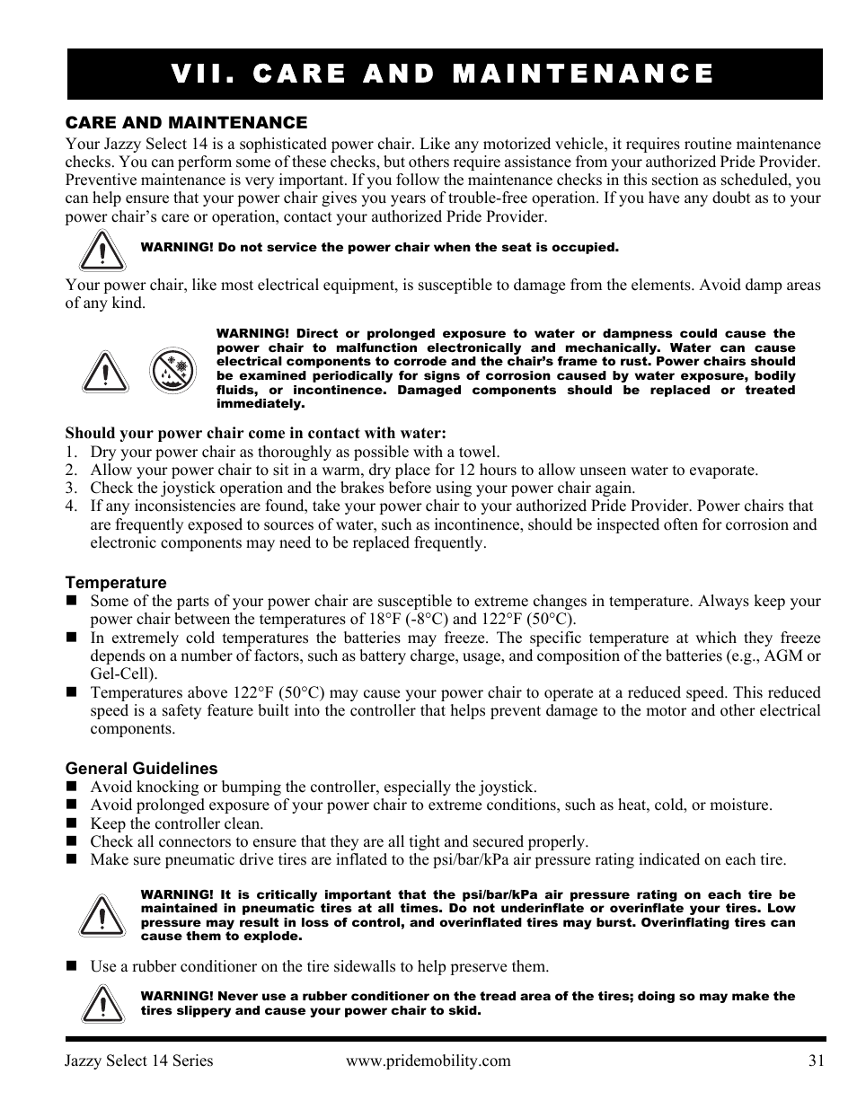 Vii. care and maintenance | Pride Mobility Jazzy Select 14 User Manual | Page 31 / 43