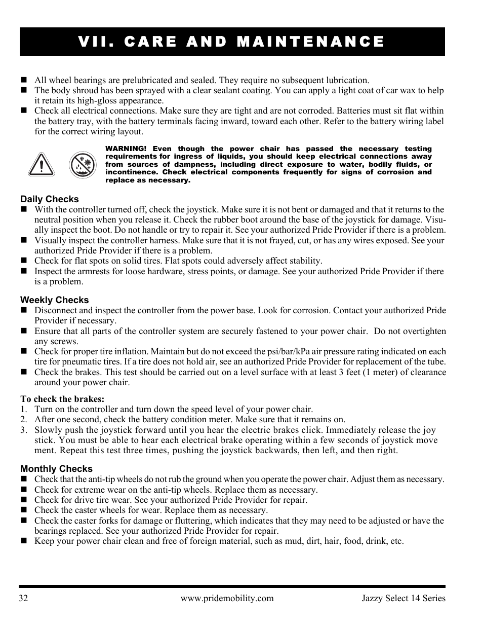 Vii. care and maintenance | Pride Mobility Jazzy Select 14 User Manual | Page 32 / 43