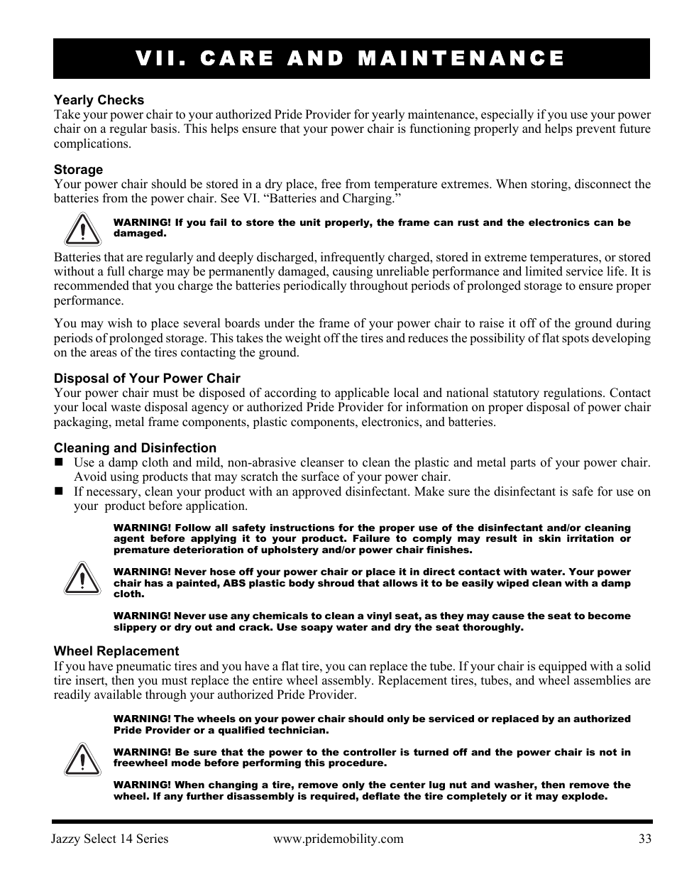 Vii. care and maintenance | Pride Mobility Jazzy Select 14 User Manual | Page 33 / 43